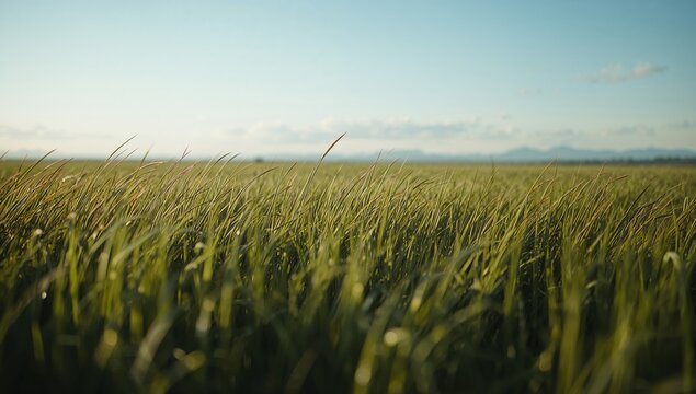 Swaying tall green grasses filling meadow under pale blue sky with dew highlights, seed tips, ridge