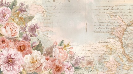 Vintage floral map background with blooming roses, peonies, and wild flowers, creating a romantic travel theme collage with antique script and pastel colors
