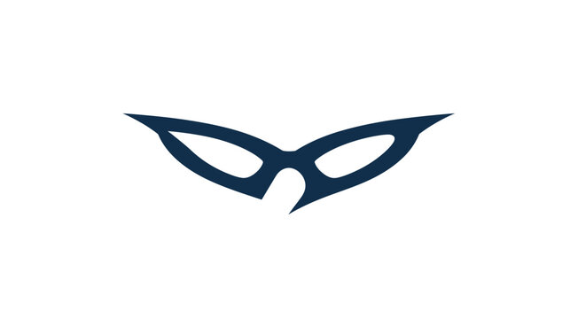 A blue stylized mask of two symmetrical parts, sharp angles on white background