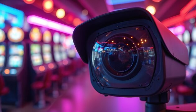 Security camera records casino floor with slot machines and neon lights. Surveillance technology monitors gambling action and player choices. Safety system watches vibrant nightlife activity.