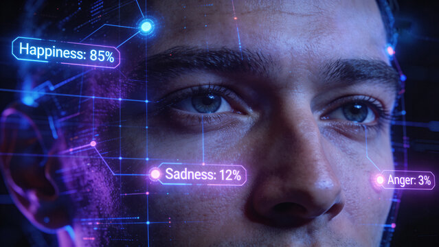 AI Emotion Recognition Technology Analyzing Human Face with Digital Interface