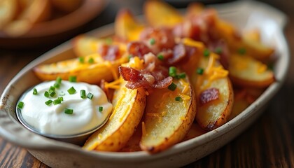 Crispy baked potato wedges are topped with melted cheese, savory bacon bits, and fresh chives. Served with a side of creamy sour cream for dipping. A hearty and delicious snack or meal.