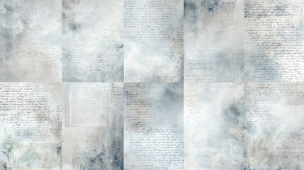 Vintage script collage of aged blue handwritten letters on torn paper, layered with delicate calligraphy, faded patterns and grunge texture for nostalgic background use