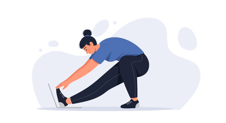 Fototapeta premium Woman stretching legs while working on laptop, home workout, healthy lifestyle
