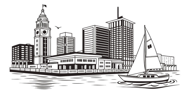 USA, US, U.S, United States - Baltimore harbor skyline minimalist black and white architecture poster