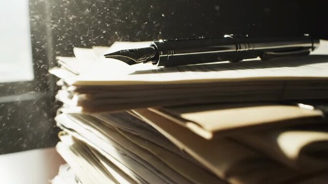 Fountain pen lying on a large stack of office documents. Paperwork on a wooden desk near a window. Business administration and professional writing work concept.