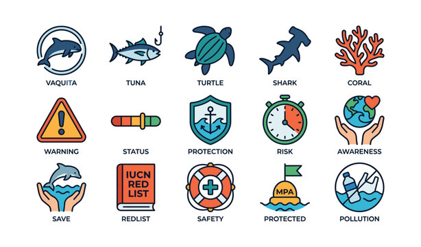 Conservation icons: marine life, safety, environmental awareness symbols