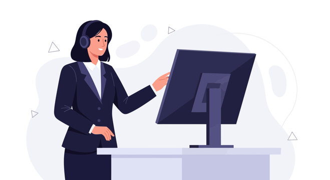 Customer service operator with headset working on computer at desk, flat illustration
