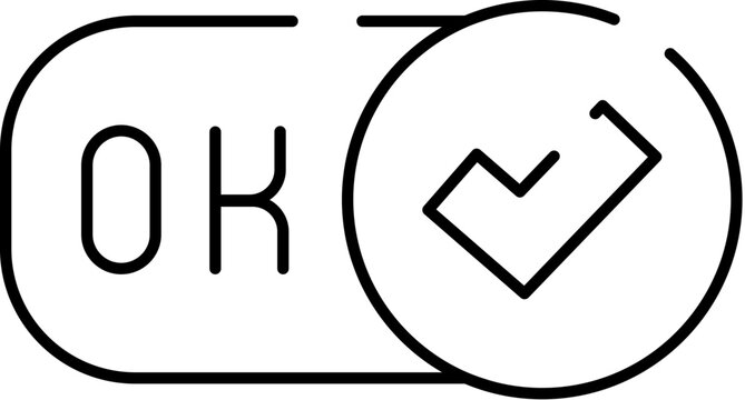Ok button toggle with checkmark indicating active, approved state for user interface, mobile and web apps minimalist black and white line icon for confirmation, selection, and success