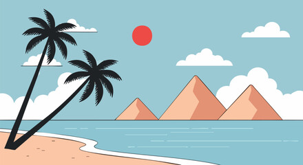 Obraz premium Tropical Beach Landscape Vector Illustration with Palm Trees, Pyramids, Ocean, and Red Sun for Travel and Vacation Designs