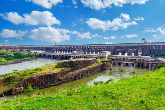 Panoramic view of the Itaipu Dam, a massive hydroelectric power plant on the Paran&aacute; River at the border of Brazil and Paraguay.