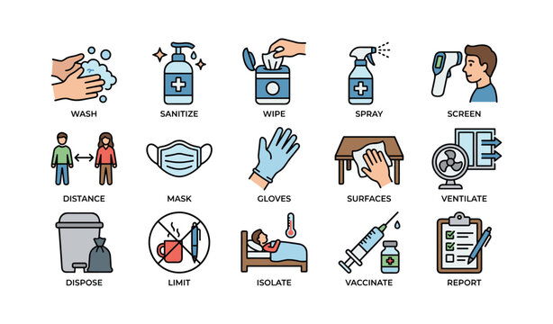 Covid-19 safety icons: wash, sanitize, mask, gloves, vaccinate, screen