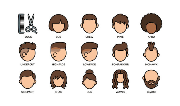 Diverse hairstyle icons featuring various cuts and styles including afro and mohawk