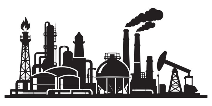 Industrial factory silhouette vector illustration with oil refinery, chemical plant, and pump jack, depicting energy production and heavy industry