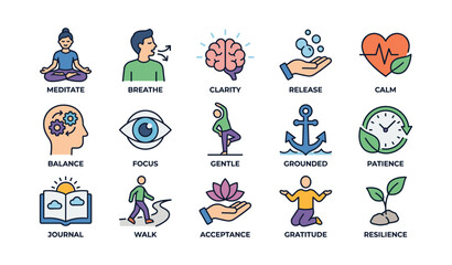 Fototapeta premium Mindfulness and wellness icons featuring meditation, clarity, calm, and acceptance