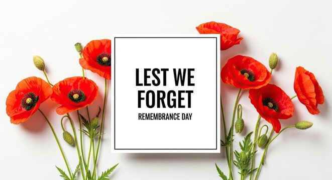 Remembrance day tribute with poppies and lest we forget message