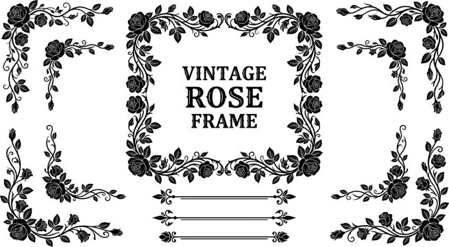 Vintage rose floral frame silhouette vector illustration set featuring ornate borders, decorative corners, and botanical motifs
