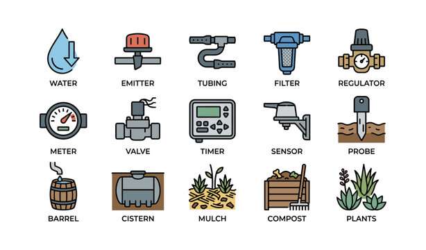 Essential components of garden irrigation systems illustrated