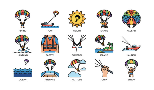 Colorful paragliding activity icons including parachute landing and launch over ocean and island