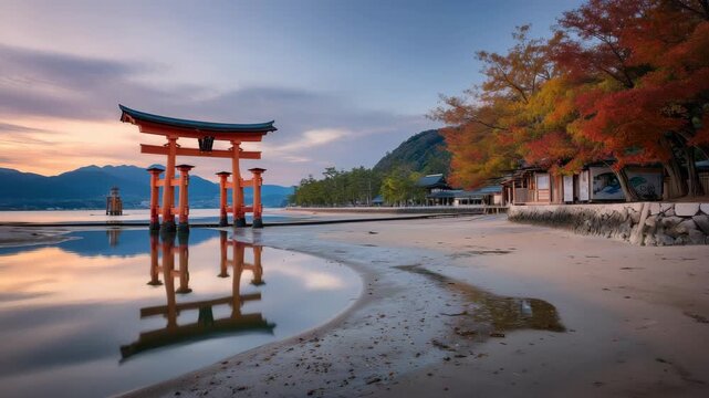 厳島の大鳥居と干潟に映る紅葉の夕景