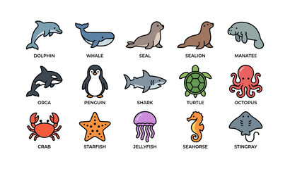 Obraz premium Colorful cartoon marine animals collection with dolphin, whale, seal, and more