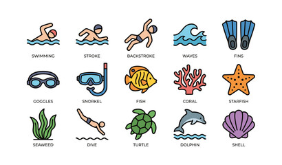 Obraz premium Swimming icons: diverse aquatic activities and marine life illustrated