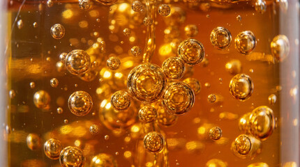 Bubbles rising in golden carbonated beverage in clear glass 