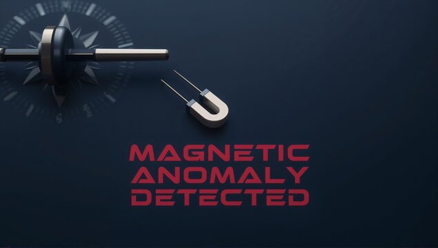 Displaying horseshoe magnet with pole pins on navy mockup, showing rotor, compass-rose, red warning