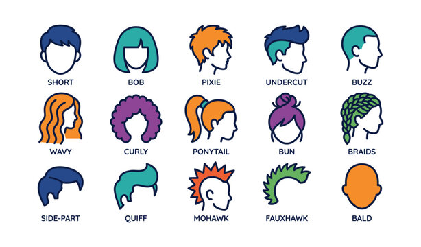 Diverse hairstyles collection: short, bob, pixie, undercut, buzz, wavy, curly, ponytail