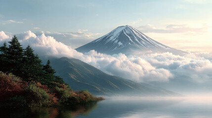 Mount Fuji rising through clouds, surrounding peaks covered in mist, lush green forest filling mountain valleys and slopes in a serene Japanese landscape