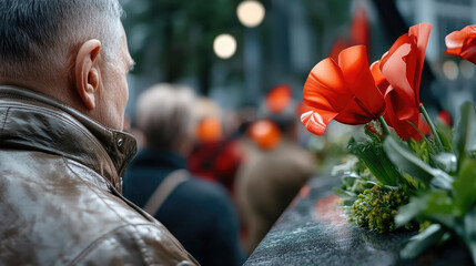 Man observing a remembrance day ceremony, standing with a crowd and looking towards red flowers on a monument, honoring veterans and fallen soldiers