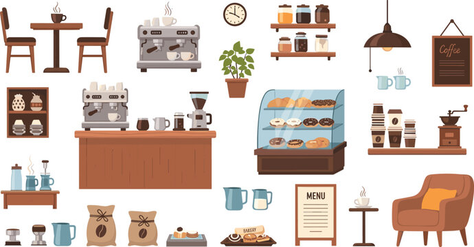 Coffee Shop Interior Elements Vector Collection with Caf&eacute; Counter, Espresso Machines, Pastry Display, Tables, Chairs, Coffee Cups, Shelves, and Barista Equipment