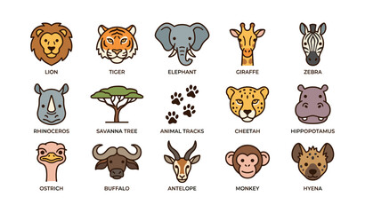 Fototapeta premium Illustrated safari animals: lion, tiger, elephant, giraffe, zebra in cartoon style