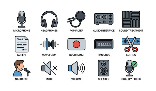 Audio production equipment icons: microphone, headphones, mixer, speaker, recording tools