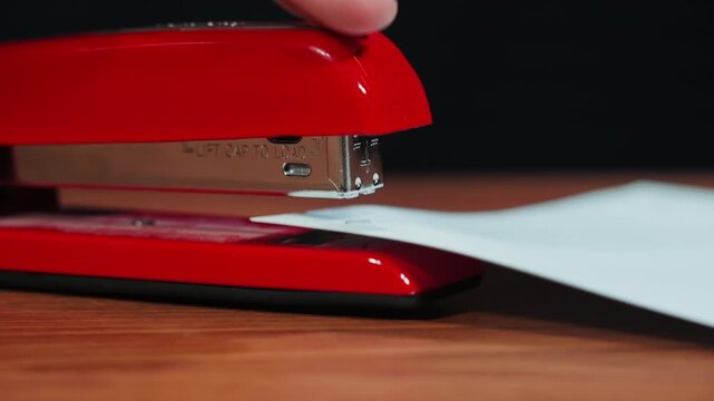 Red Stapler Punching a Staple into Paper