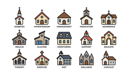Fototapeta premium Icon set of churches as metaphors for diabetes and health management strategies