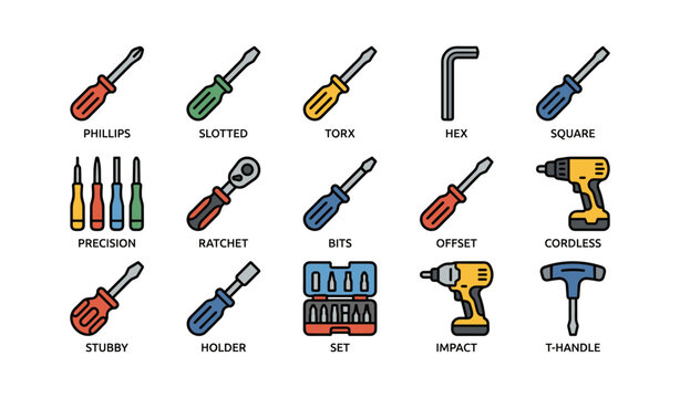Colorful assorted screwdriver and drill set icons