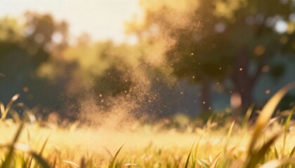 Naklejka premium Shimmering blades of grass glowing at meadow edge, pollen drifting with bokeh treeline sunrays