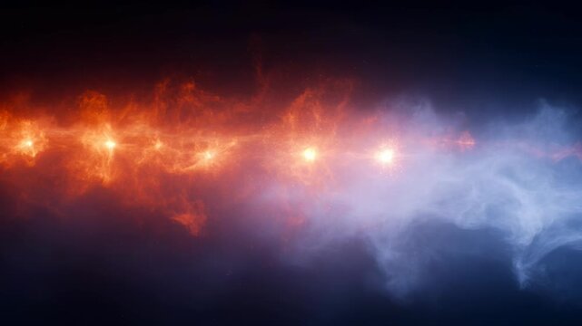 Dramatic cosmic encounter displaying a collision of red and blue nebulas