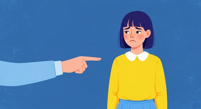 A cartoon illustration of a girl looking sad while being pointed at by someone