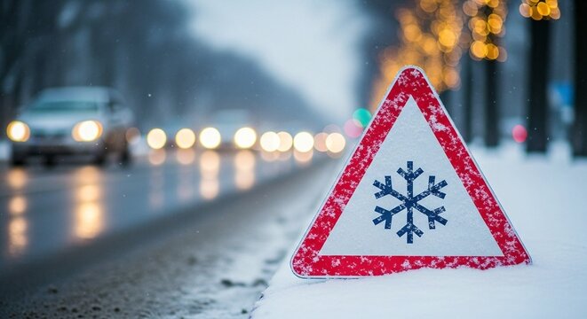 A snow-covered road with a warning sign indicating icy conditions ahead at night