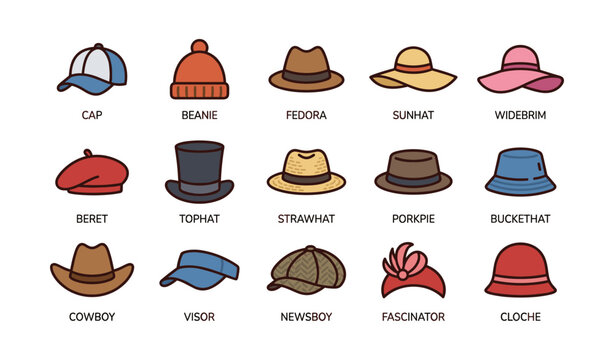 Collection of various hat styles: cap, fedora, sunhat, beanie, and more