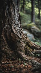 Fototapeta premium Ancient Tree Trunk and Roots with Moss in Serene Forest