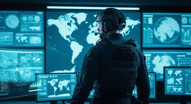 A military professional in a high-tech command center analyzing global data on multiple screens