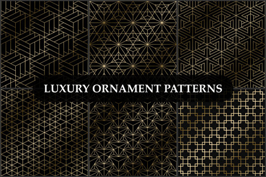 Collection of seamless luxury geometric gold patterns. Repeatable ornamental elegant royal golden backgrounds. Symmetry endless vintage prints