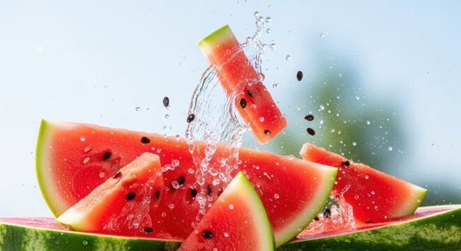 Fresh Watermelon Slices with Water Splash; Red Citrullus lanatus Fruit Pieces with Droplets.