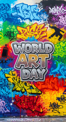 Obraz premium Vibrant graffiti art mural with text World Art Day and spray can full hd 4k stock image download paint