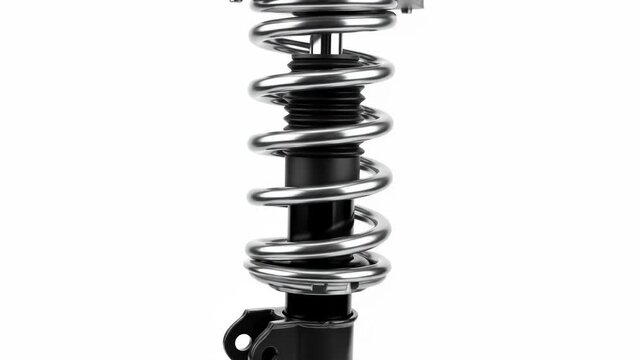 A shiny metallic spring suspension component against a white background, featuring a coil spring, black cylinder, and bellow