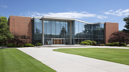 Obraz premium modern educational facility exterior with glass windows welcoming entrance and lush green lawn under bright blue sky offering clean architectural lines and copy space