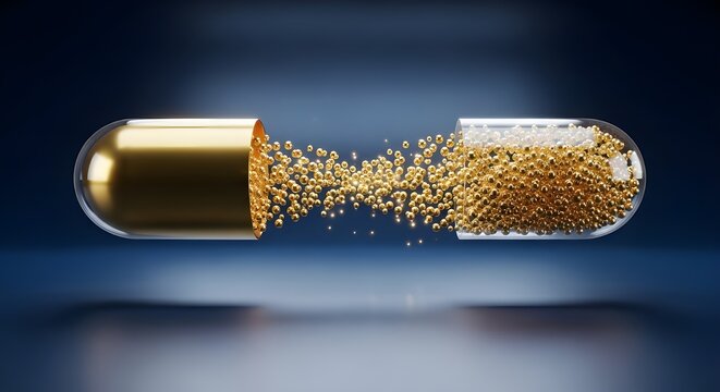 split gold and glass medicine capsule with glowing golden micro-granules spilling out against a dark blue background